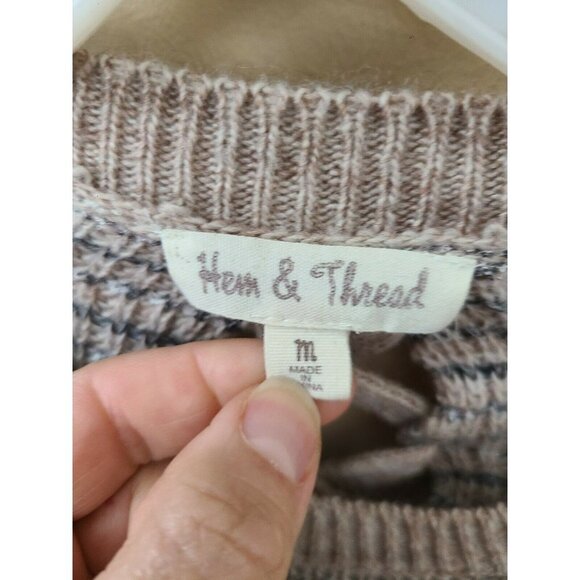 Hem & Thread Women Tan Lace Up Back Striped Knit Pullovers Sweater Size Medium - Picture 5 of 6